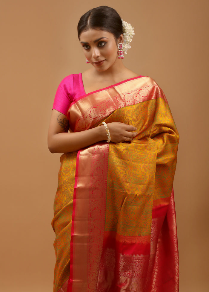 Yellow Handloom Kanchipuram Pure Silk Saree With Blouse Piece