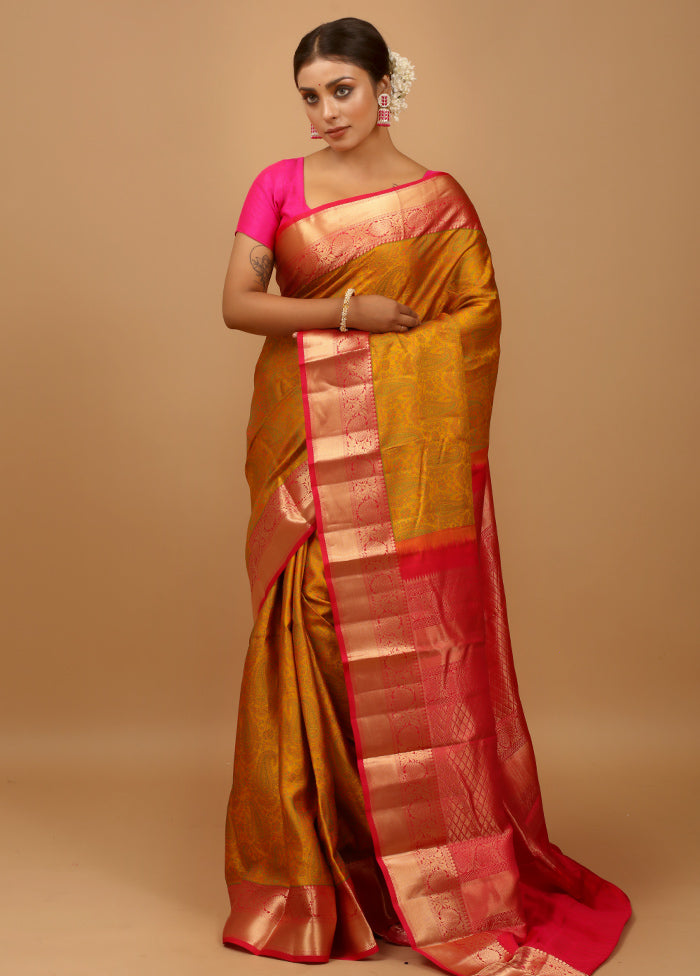 Yellow Handloom Kanchipuram Pure Silk Saree With Blouse Piece