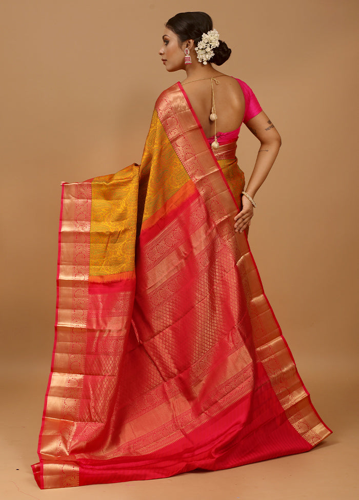 Yellow Handloom Kanchipuram Pure Silk Saree With Blouse Piece