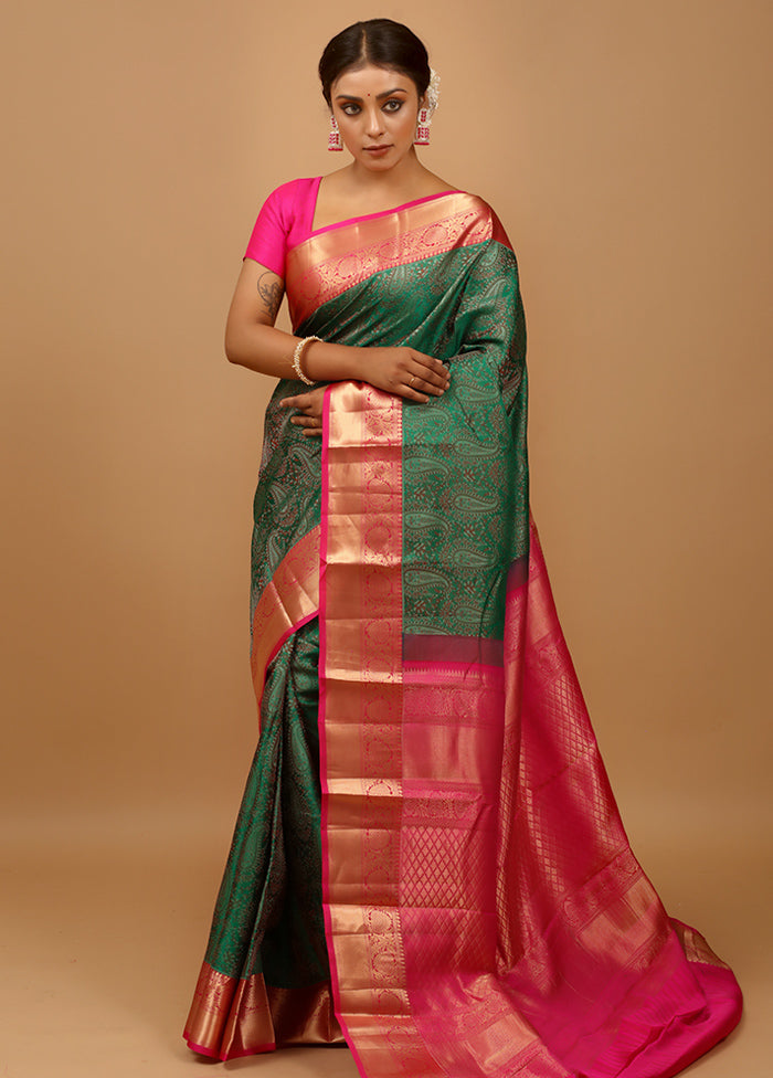 Green Handloom Kanchipuram Pure Silk Saree With Blouse Piece