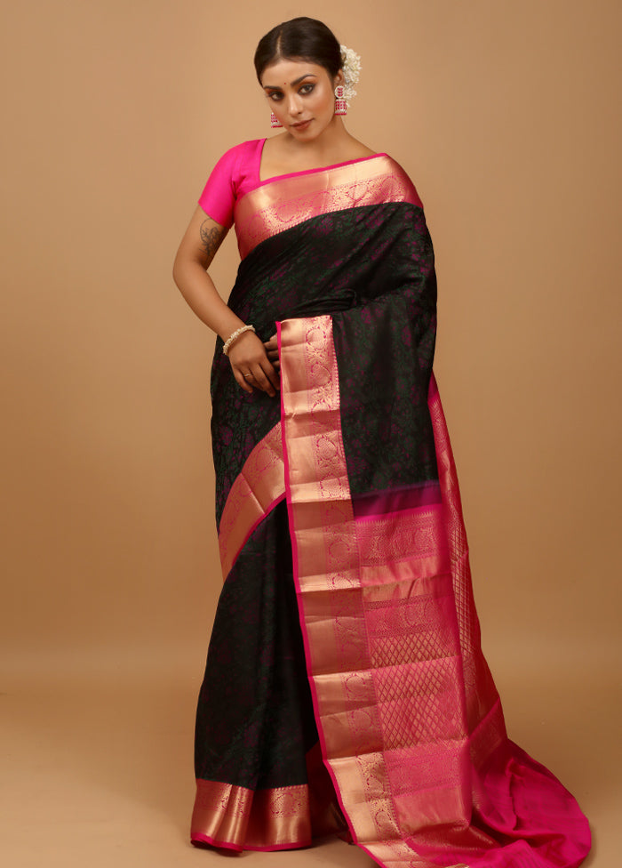 Black Handloom Kanchipuram Pure Silk Saree With Blouse Piece