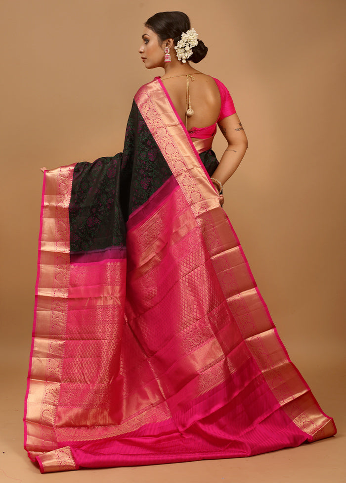 Black Handloom Kanchipuram Pure Silk Saree With Blouse Piece