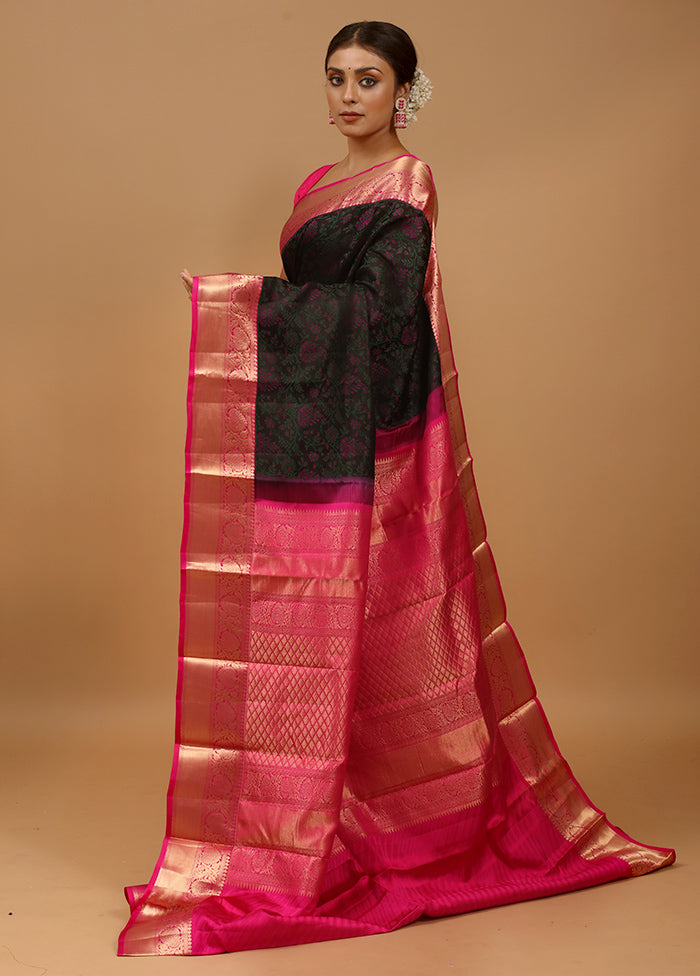 Black Handloom Kanchipuram Pure Silk Saree With Blouse Piece