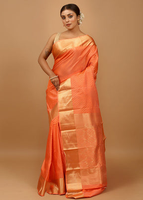 Orange Handloom Kanchipuram Pure Silk Saree With Blouse Piece