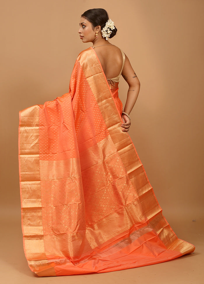 Orange Handloom Kanchipuram Pure Silk Saree With Blouse Piece