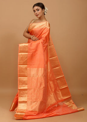 Orange Handloom Kanchipuram Pure Silk Saree With Blouse Piece