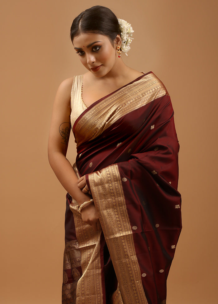 Wine Handloom Kanchipuram Pure Silk Saree With Blouse Piece