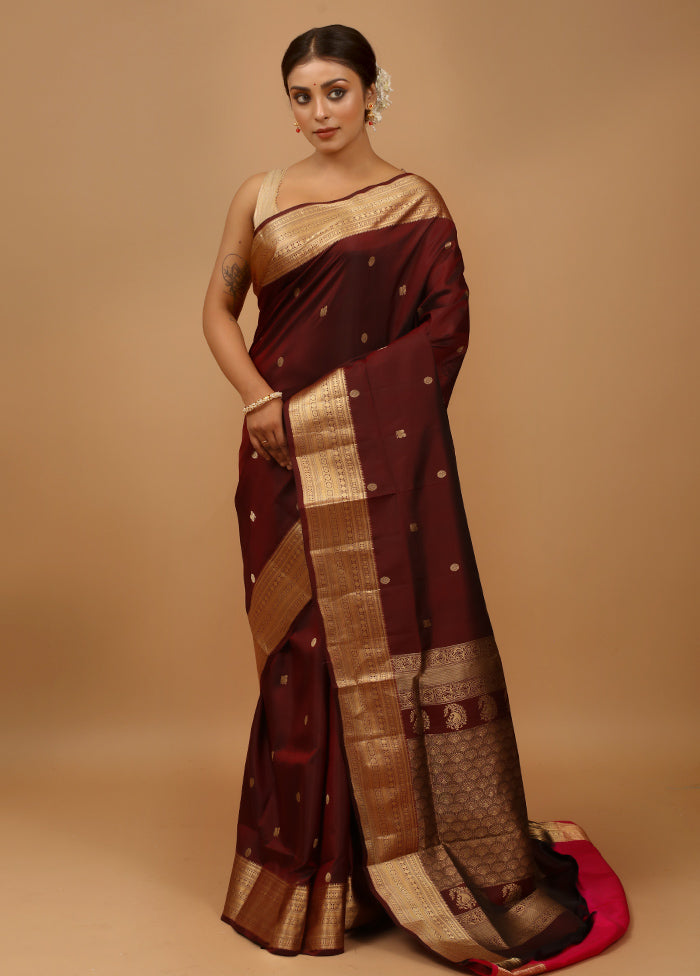 Wine Handloom Kanchipuram Pure Silk Saree With Blouse Piece