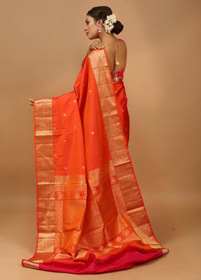 Orange Handloom Kanchipuram Pure Silk Saree With Blouse Piece