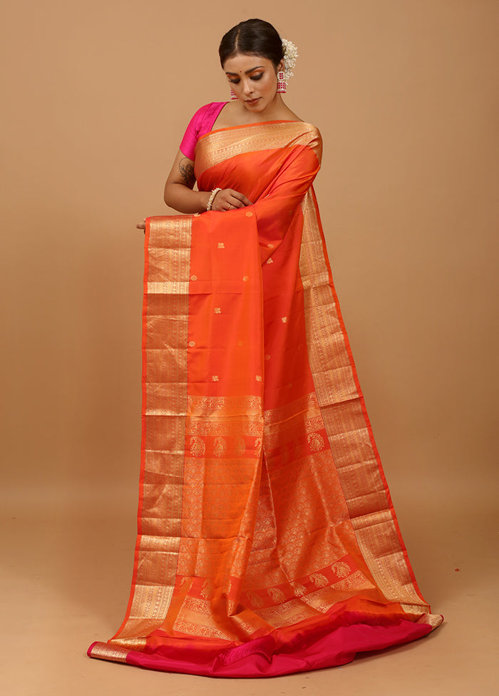 Orange Handloom Kanchipuram Pure Silk Saree With Blouse Piece