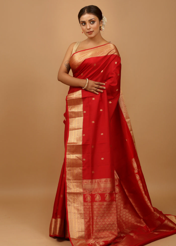 Red Handloom Kanchipuram Pure Silk Saree With Blouse Piece