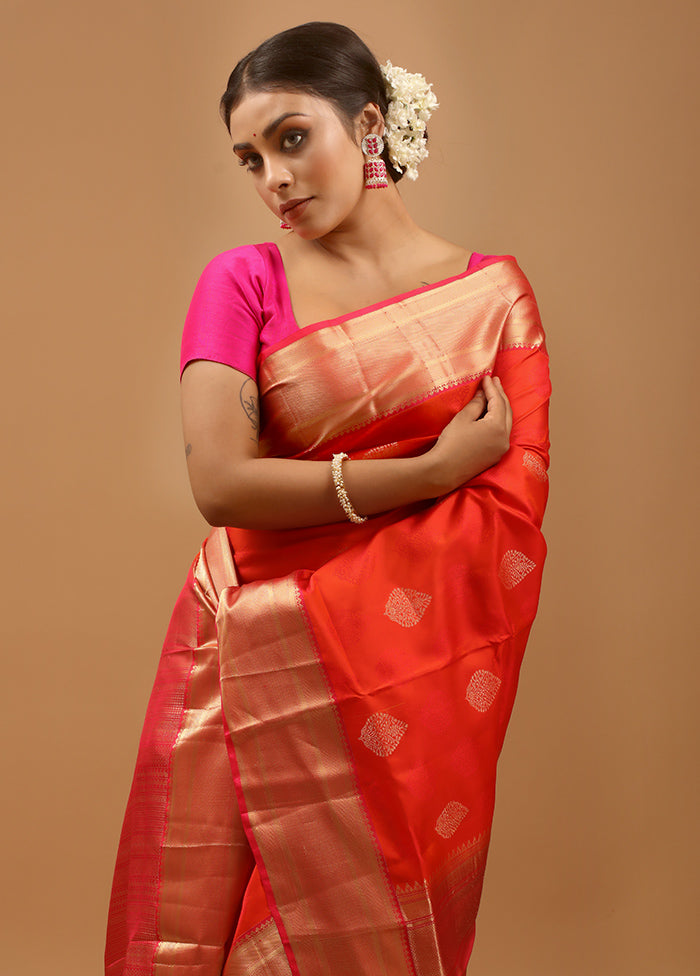 Orange Handloom Kanchipuram Pure Silk Saree With Blouse Piece