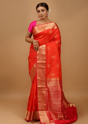 Orange Handloom Kanchipuram Pure Silk Saree With Blouse Piece