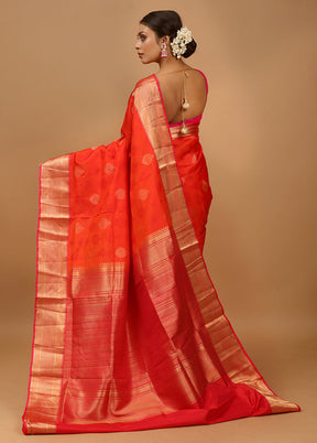 Orange Handloom Kanchipuram Pure Silk Saree With Blouse Piece