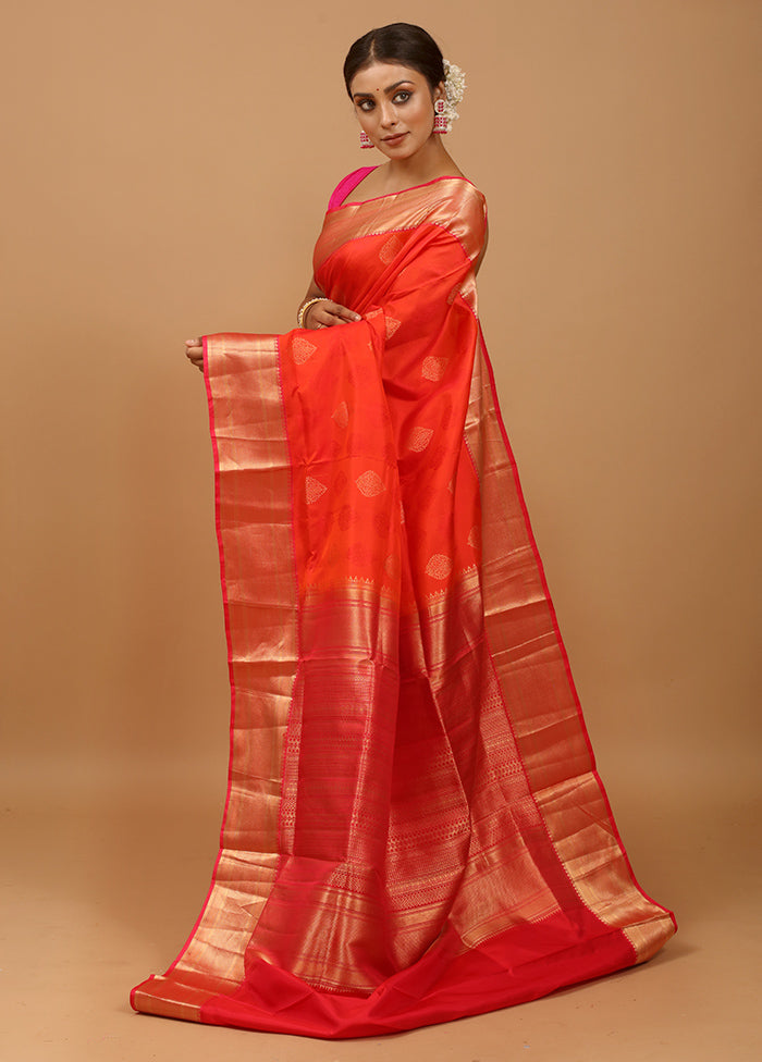 Orange Handloom Kanchipuram Pure Silk Saree With Blouse Piece