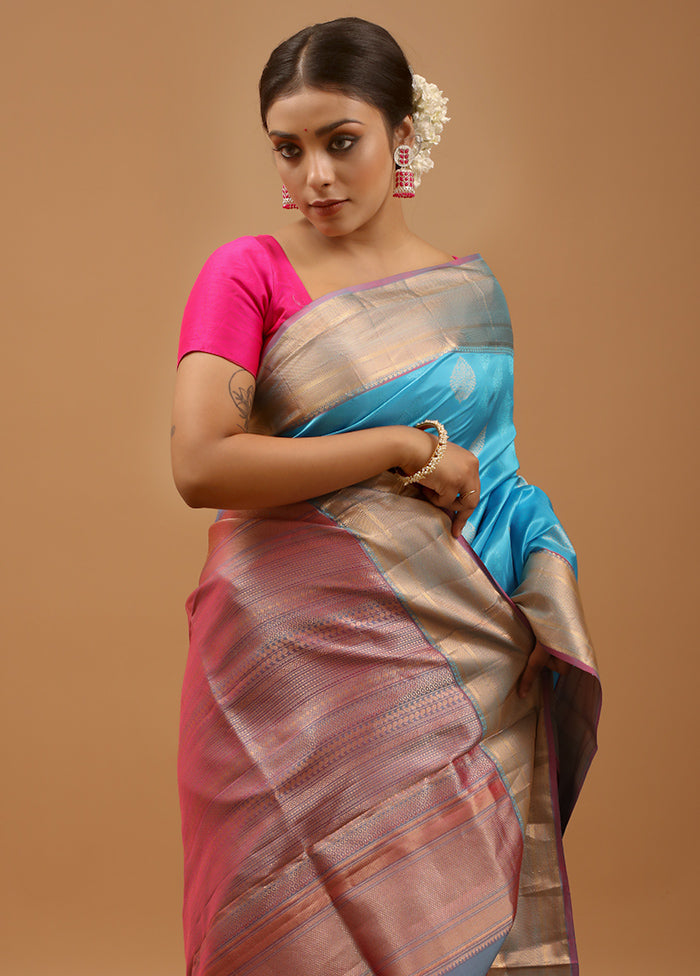 Blue Handloom Kanchipuram Pure Silk Saree With Blouse Piece