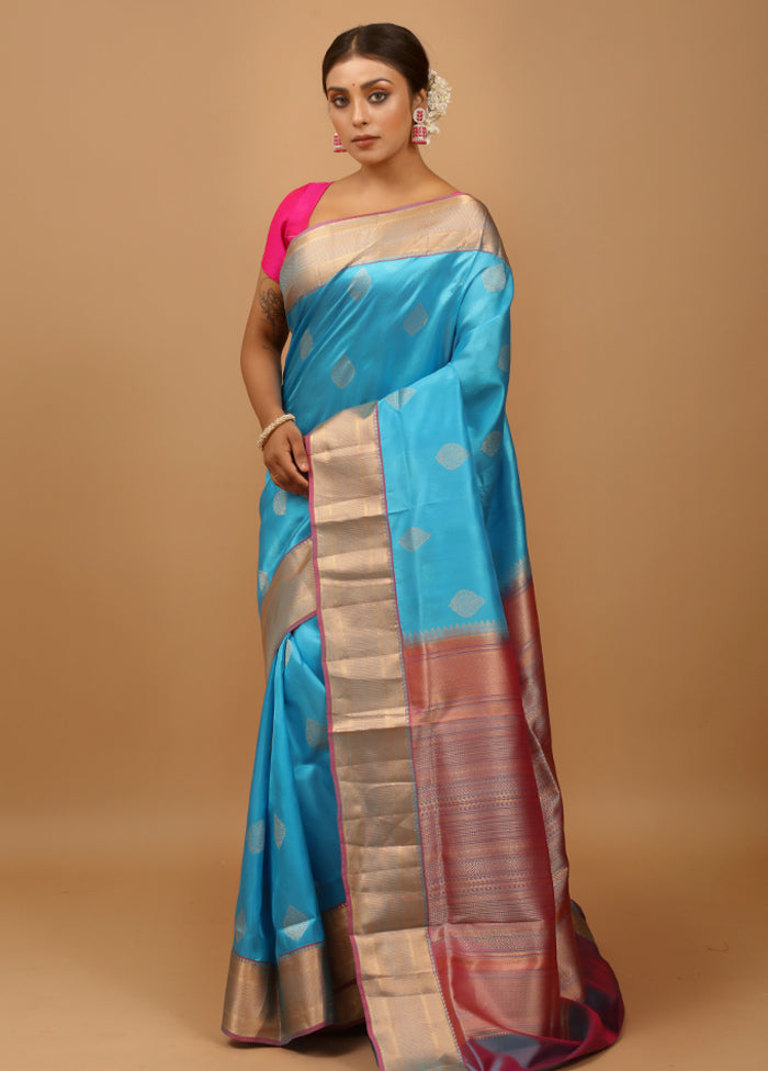 Blue Handloom Kanchipuram Pure Silk Saree With Blouse Piece