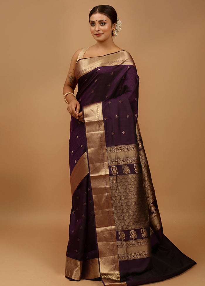 Purple Handloom Kanjivaram Pure Silk Saree With Blouse Piece