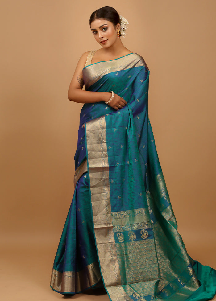 Blue Handloom Kanjivaram Pure Silk Saree With Blouse Piece