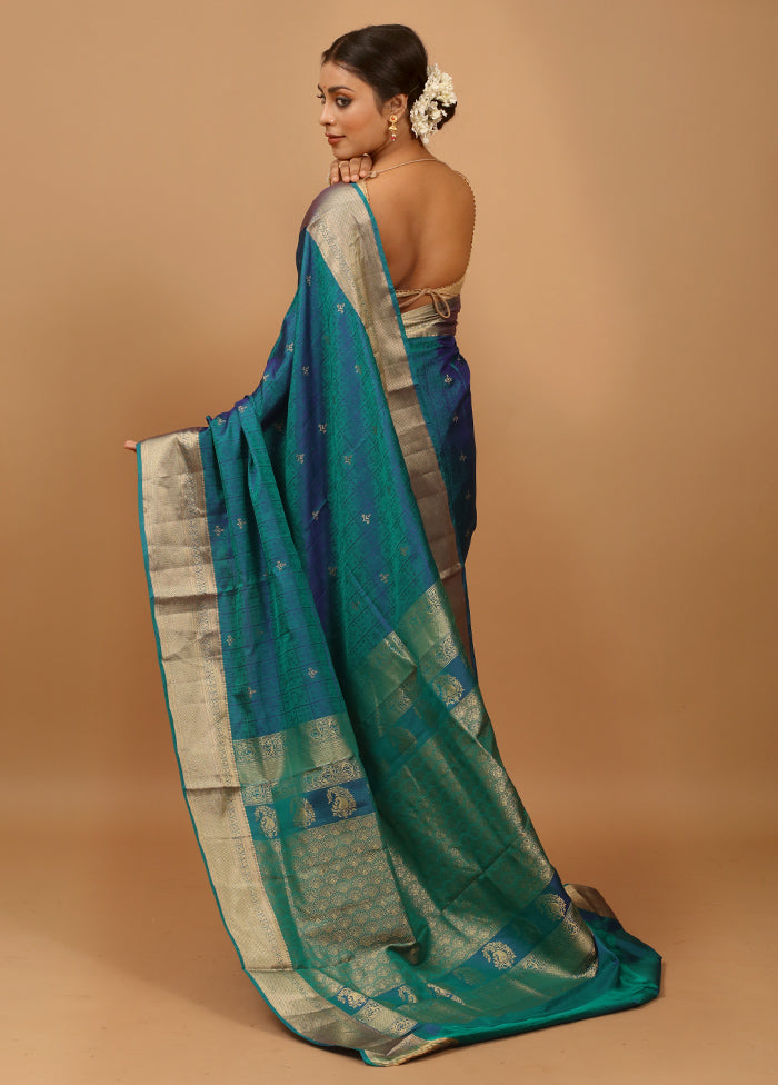 Blue Handloom Kanjivaram Pure Silk Saree With Blouse Piece