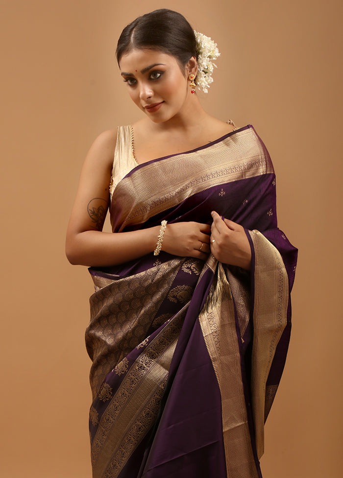 Purple Handloom Kanjivaram Pure Silk Saree With Blouse Piece