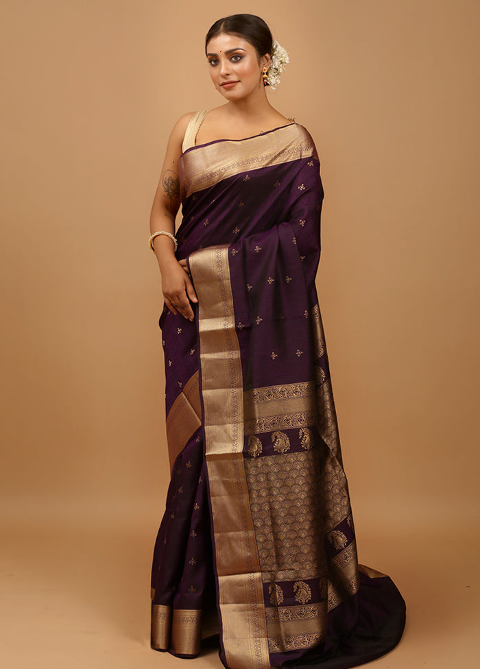 Purple Handloom Kanjivaram Pure Silk Saree With Blouse Piece