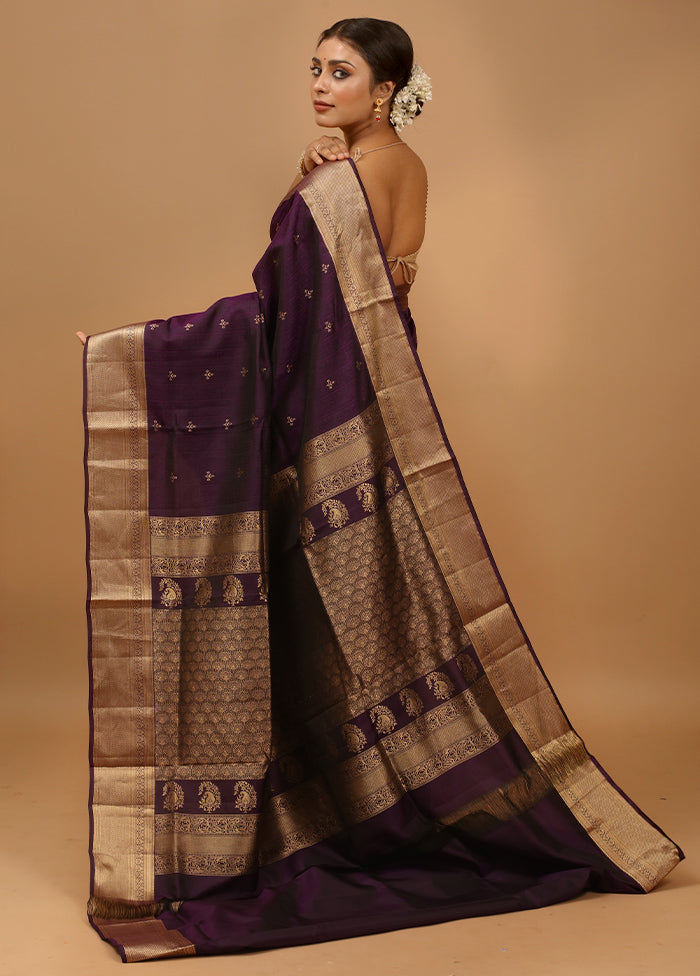 Purple Handloom Kanjivaram Pure Silk Saree With Blouse Piece