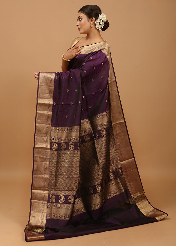 Purple Handloom Kanjivaram Pure Silk Saree With Blouse Piece