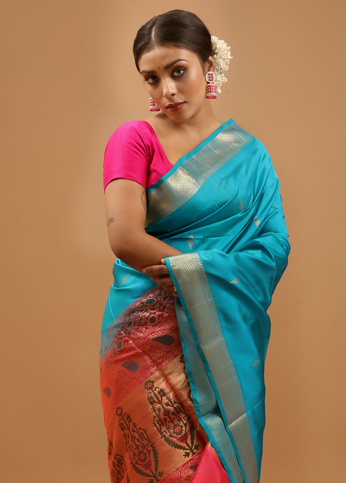 Blue Handloom Kanchipuram Pure Silk Saree With Blouse Piece