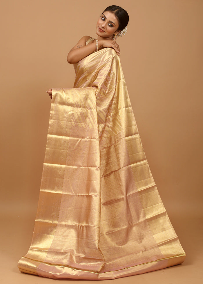 Gold Handloom Kanchipuram Pure Silk Saree With Blouse Piece