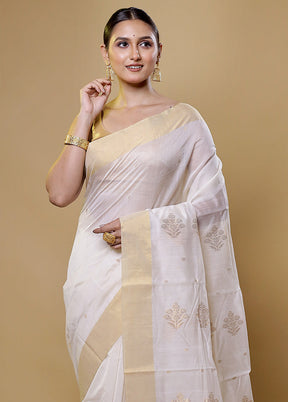 White Chanderi Cotton Saree With Blouse Piece