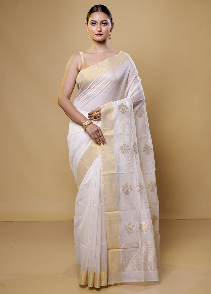 White Chanderi Cotton Saree With Blouse Piece