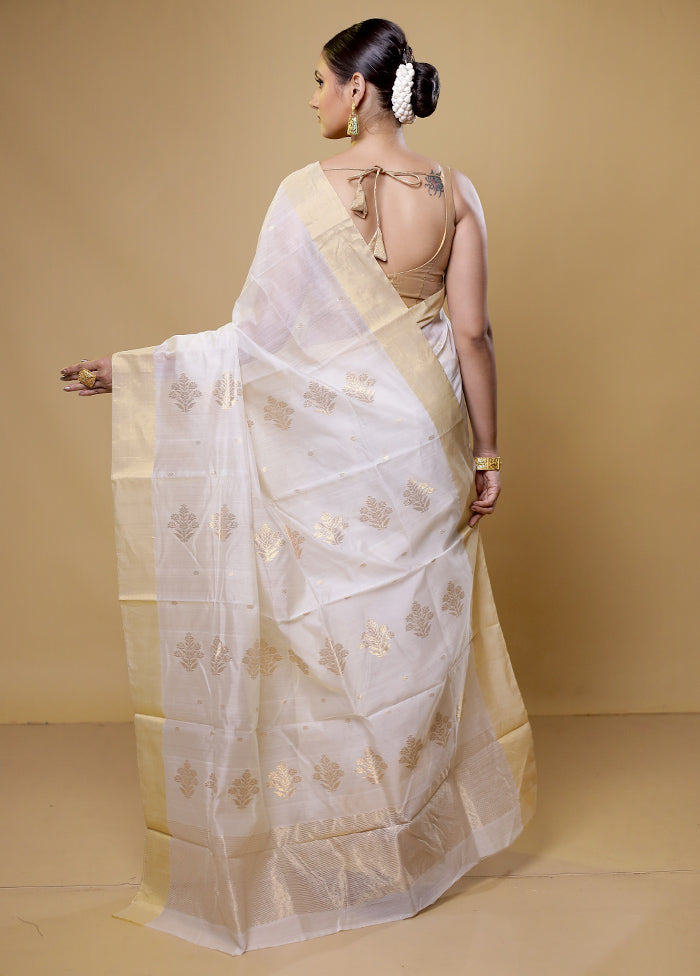 White Chanderi Cotton Saree With Blouse Piece