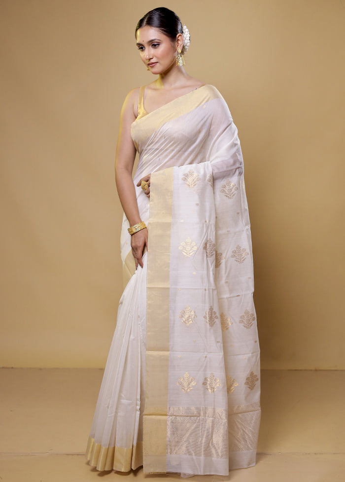 White Chanderi Cotton Saree With Blouse Piece