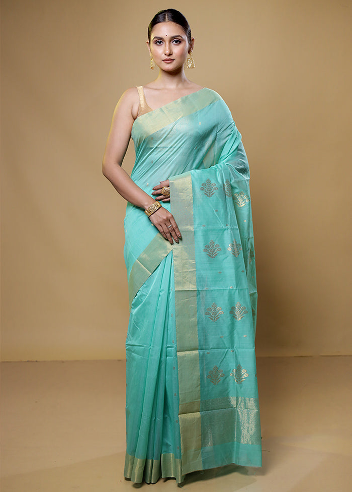 Green Chanderi Cotton Saree With Blouse Piece