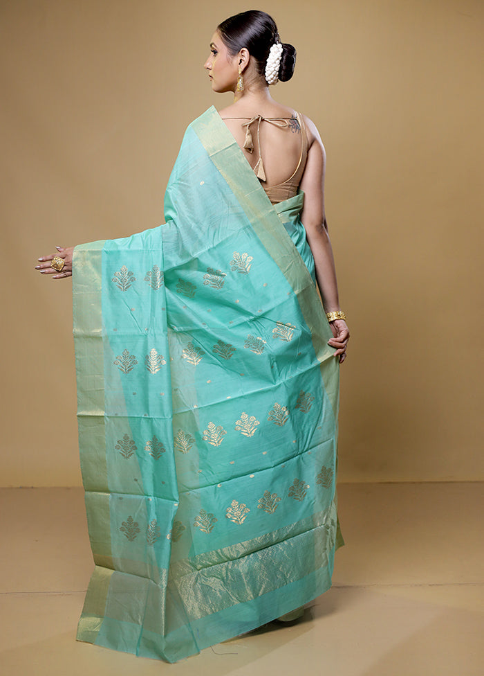 Green Chanderi Cotton Saree With Blouse Piece