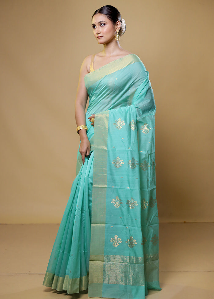 Green Chanderi Cotton Saree With Blouse Piece