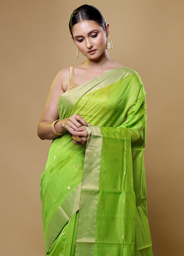 Green Handloom Chanderi Pure Cotton Saree With Blouse Piece