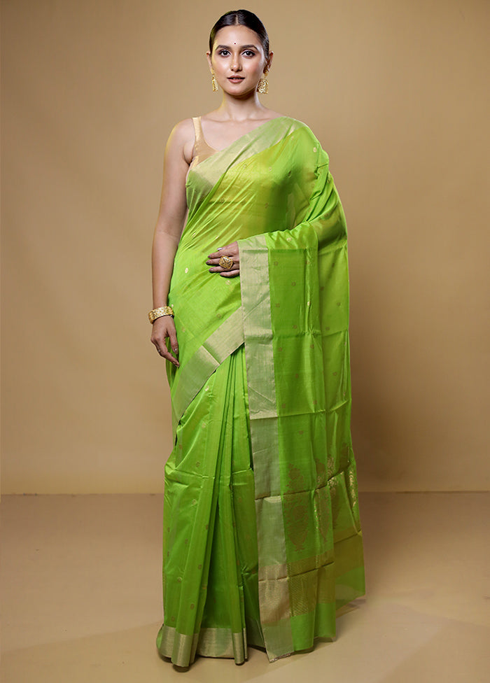 Green Handloom Chanderi Pure Cotton Saree With Blouse Piece