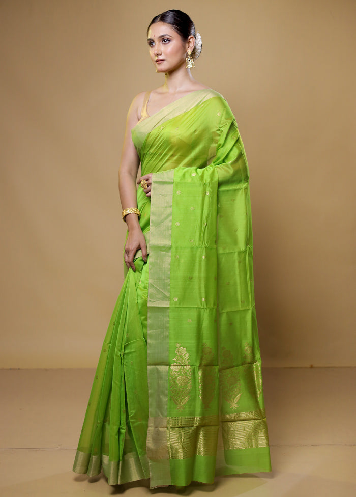 Green Handloom Chanderi Pure Cotton Saree With Blouse Piece