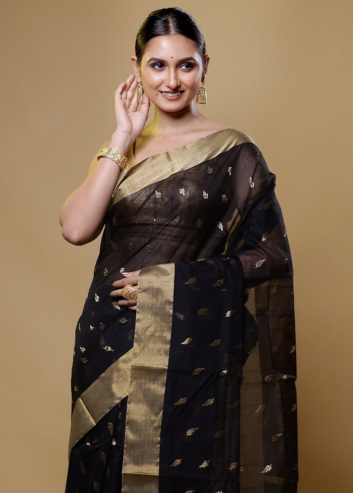 Black Handloom Chanderi Pure Cotton Saree With Blouse Piece