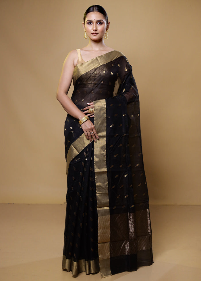 Black Handloom Chanderi Pure Cotton Saree With Blouse Piece