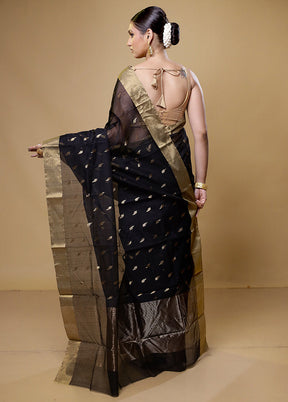 Black Handloom Chanderi Pure Cotton Saree With Blouse Piece