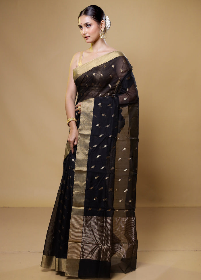 Black Handloom Chanderi Pure Cotton Saree With Blouse Piece