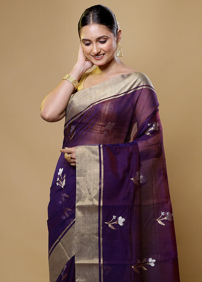 Purple Handloom Chanderi Pure Cotton Saree With Blouse Piece