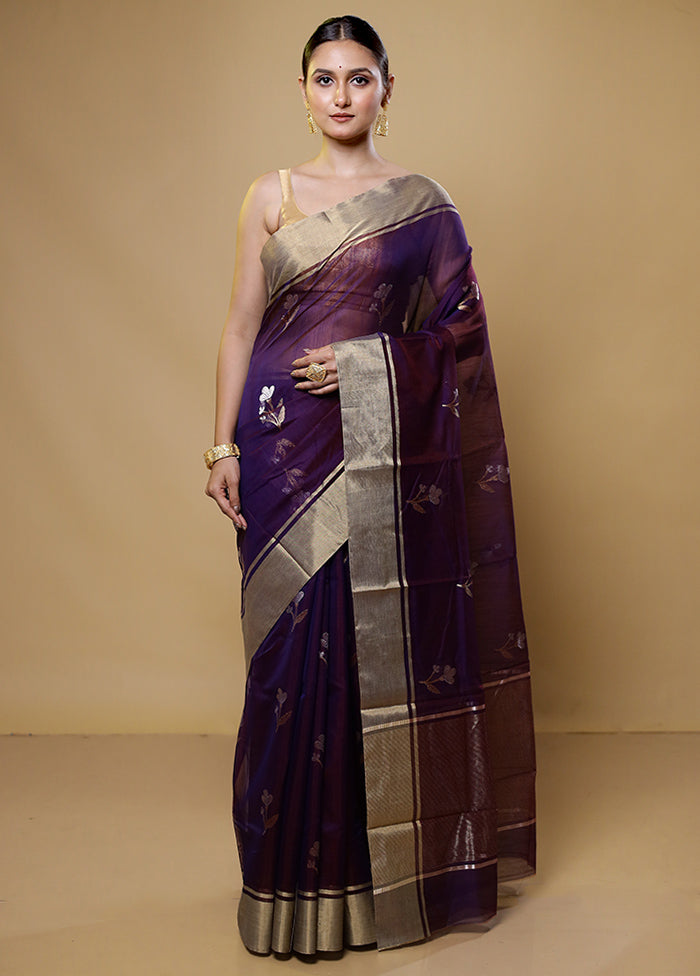 Purple Handloom Chanderi Pure Cotton Saree With Blouse Piece