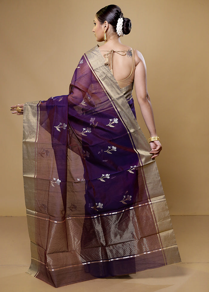 Purple Handloom Chanderi Pure Cotton Saree With Blouse Piece