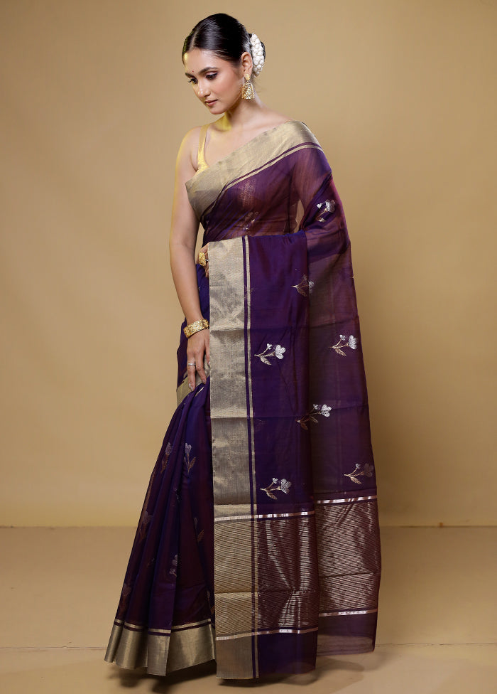 Purple Handloom Chanderi Pure Cotton Saree With Blouse Piece