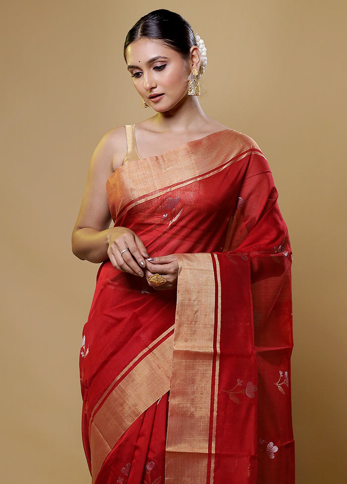 Red Handloom Chanderi Pure Cotton Saree With Blouse Piece