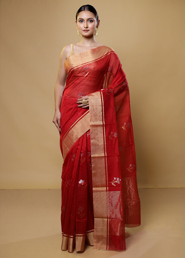 Red Handloom Chanderi Pure Cotton Saree With Blouse Piece